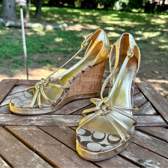 COACH Gold Jolson Strappy 4 Inch Cork Wedges - Picture 1 of 9
